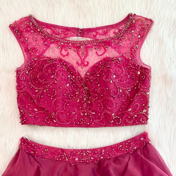 Hannah S 27093 Beaded Two Piece Prom Dress Sparkle Homecoming Skirt Set, Pink - Picture 4 of 11